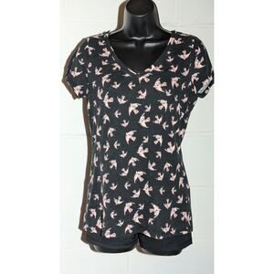 Maison Jules Black Bird Print V-Neck T-Shirt Casual Short Sleeve Top Small